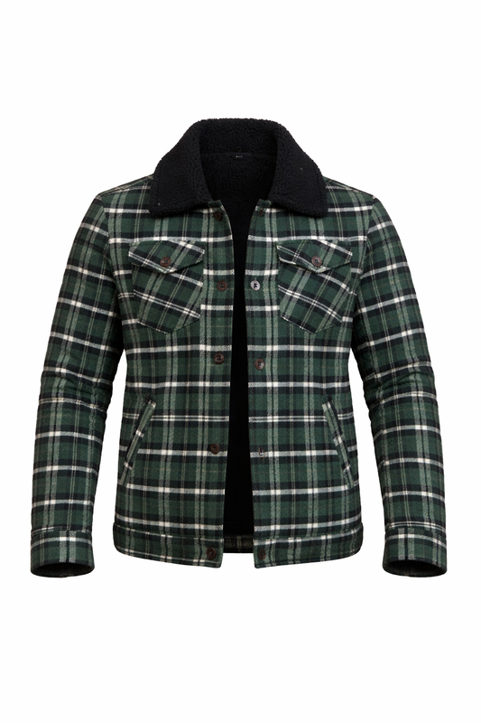 Men’s Green Check Winter Jacket with Sherpa Collar