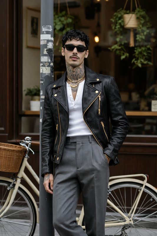 Men’s Black Textured Biker Jacket with Gold Zipper Detailing