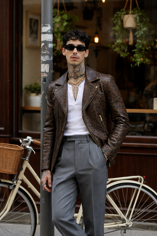 Men’s Brown Textured Biker Jacket with Gold Zipper Detailing