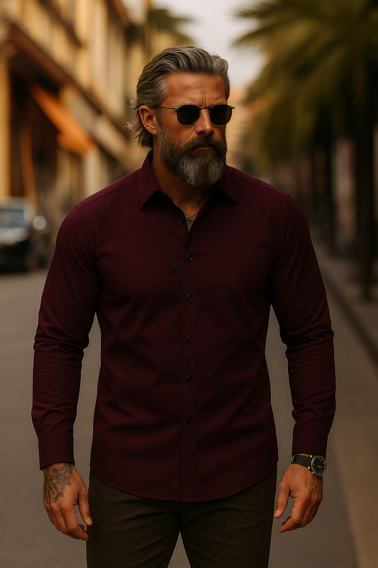 Wine Lycra Solid Shirt for Men – Full Sleeve, Regular Fit, Premium Comfort