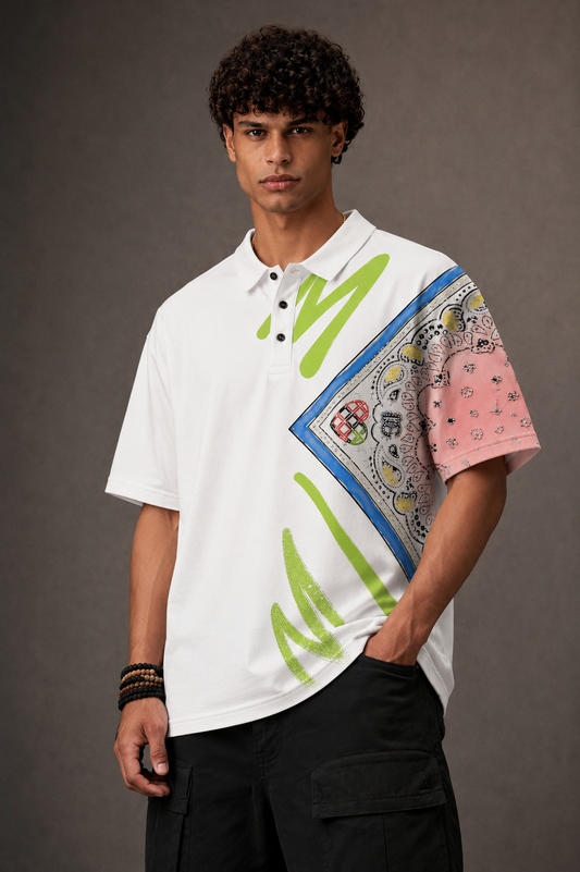 White Polo T-Shirt – Premium Rhinestone Streetwear Edition