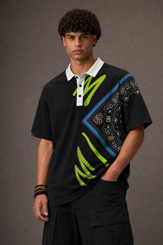 Black Polo T-Shirt – Premium Rhinestone Streetwear Edition