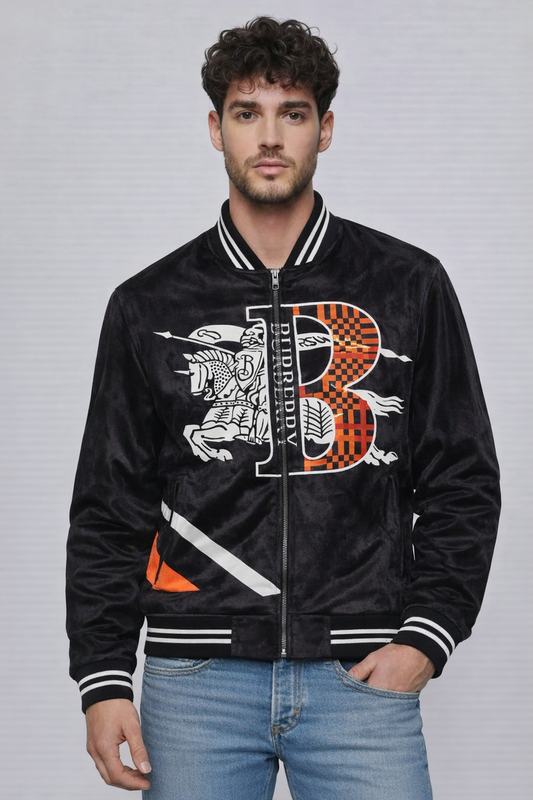 Men’s Black Velvet Varsity Bomber Jacket with Bold Graphic Print