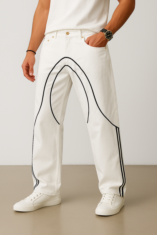 White Statement Jeans with Contrast Black Line Design