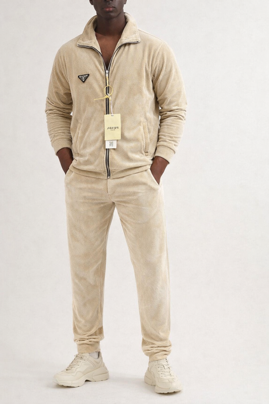 Men’s Premium Beige Ribbed Cord Set | Luxury Zipper Jacket & Slim Fit Pants Co-Ord Set