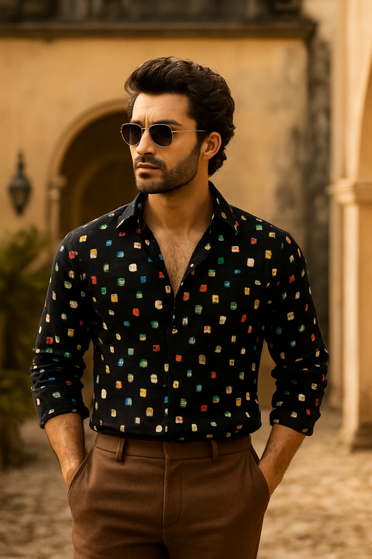 Men’s Premium Black Multi-Color Pixel Print Shirt – Trendy Party & Streetwear Edition