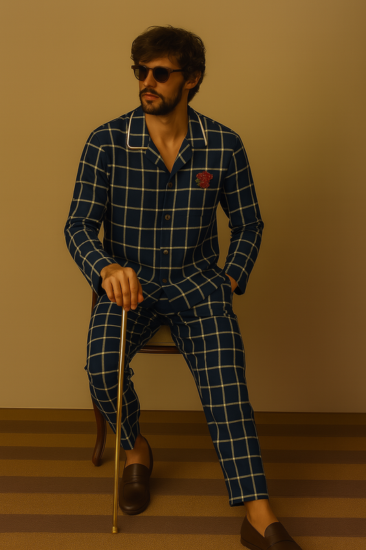 Men's Blue Check Co-ord Set – Baggy Fit | Imported 4-Way Lycra | Full Sleeve Drop Shoulder Shirt & Pants