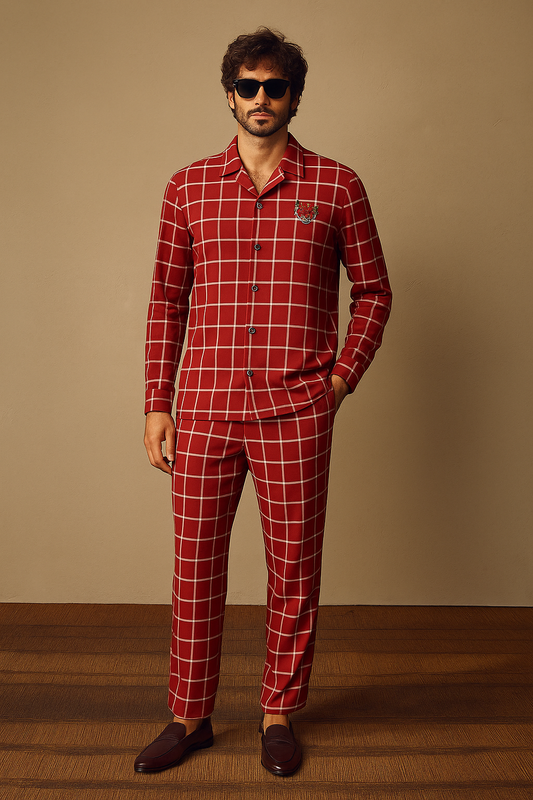 Red Checked Co-ord Set for Men – Baggy Fit | 4-Way Lycra | Drop Shoulder Full Sleeve Shirt & Matching Pants