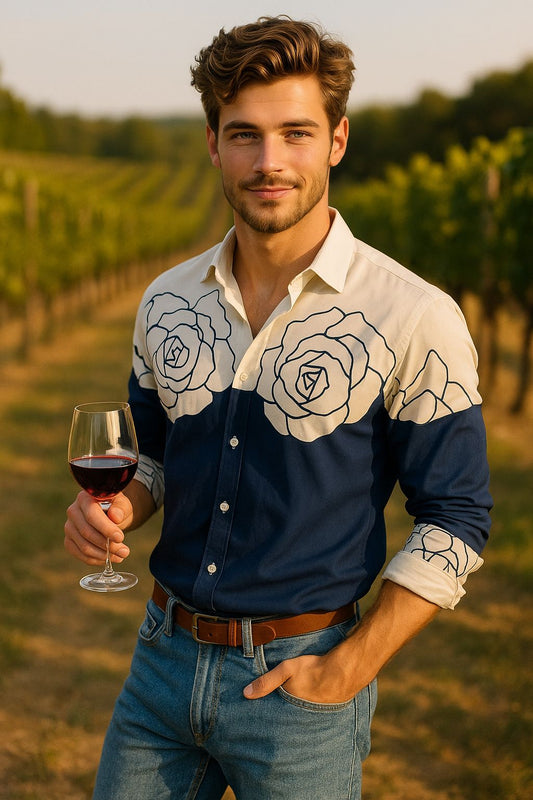 Dual Tone Navy & Cream Floral Print Shirt for Men | Designer Slim Fit Casual Wear