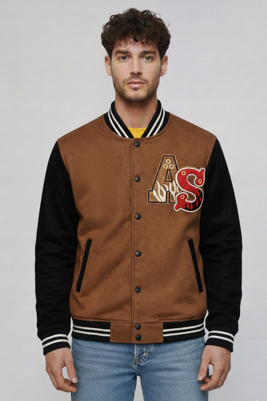 Men’s Brown & Black Varsity Jacket with Embroidered Patch