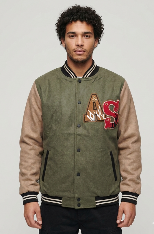 Men’s Olive Green Varsity Jacket with Beige Sleeves & Embroidered Patch