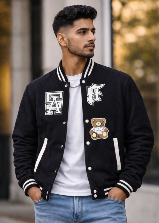 Men’s Teddy Patch Varsity Jacket – Black Premium Edition