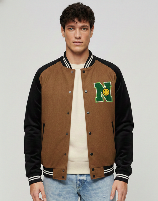 Men’s Brown & Black Varsity Jacket with Embroidered “N” Patch