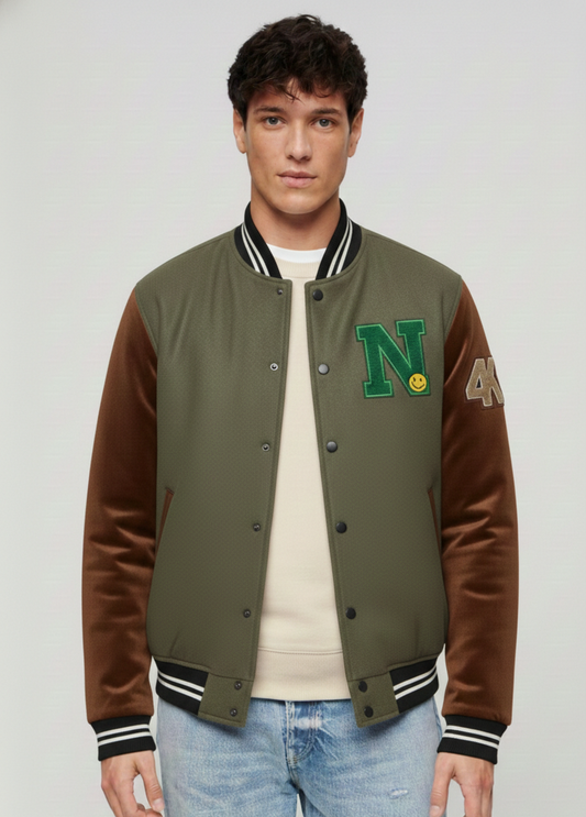 Men’s Olive Green & Brown Varsity Jacket with Embroidered Letter Patch