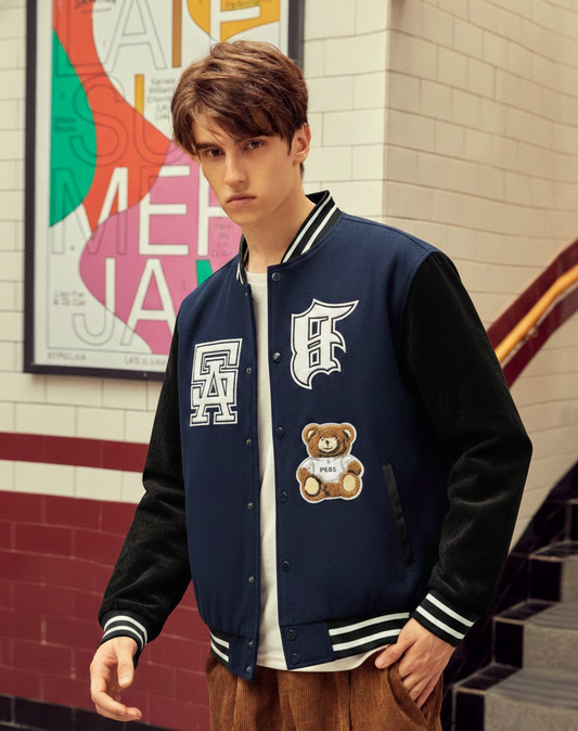 Men’s Teddy Patch Varsity Jacket – Navy Blue Edition