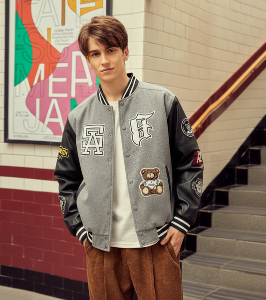 Men’s Grey Varsity Bomber Jacket with Faux Leather Sleeves & Teddy Patch | Premium Streetwear Winter Jacket