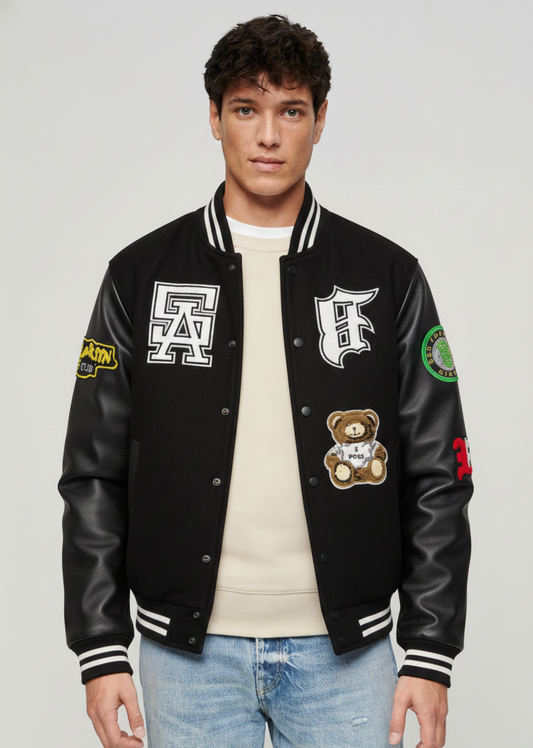 Men's Custom Multi-Patch Varsity Bomber Jacket – Black & White Streetwear
