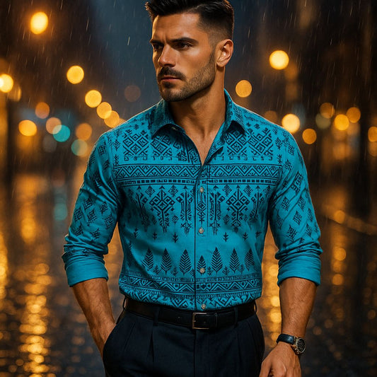 Luxury Teal Blue Printed Men’s Shirt – Premium Cotton with Tribal Leaf Motif