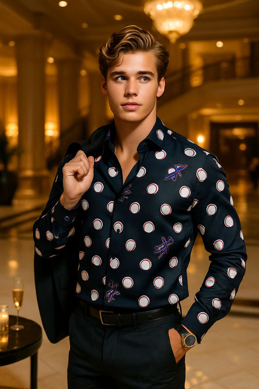 Navy Blue Polka Dot Designer Shirt for Men | Luxury Party Wear Slim Fit