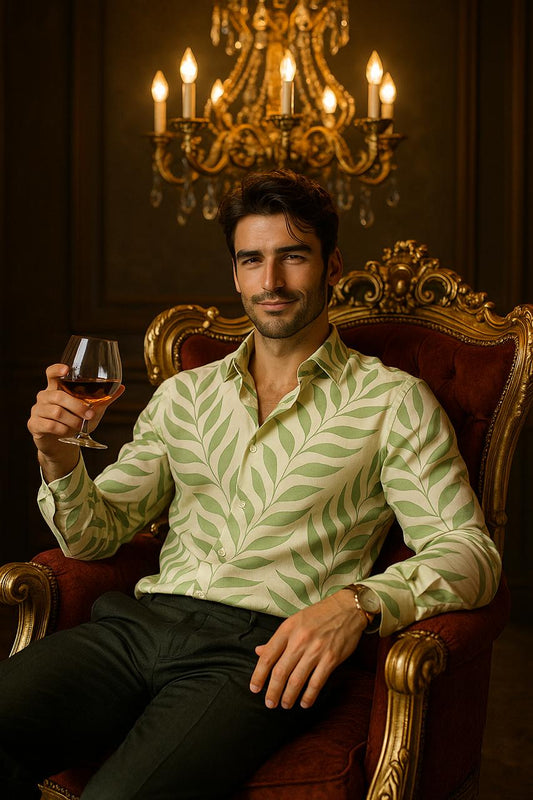 Light Green Tropical Leaf Print Slim Fit Shirt for Men | Resort & Summer Wear