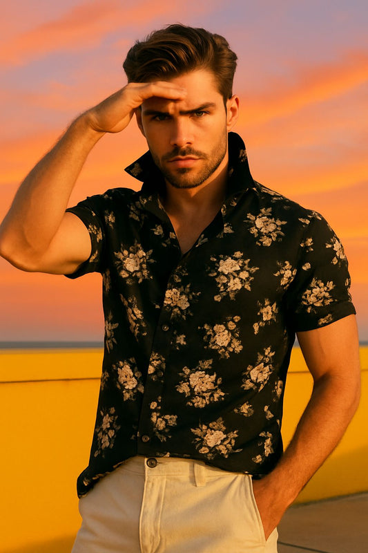 Black Floral Print Short Sleeve Shirt for Men | Premium Summer Party Wear