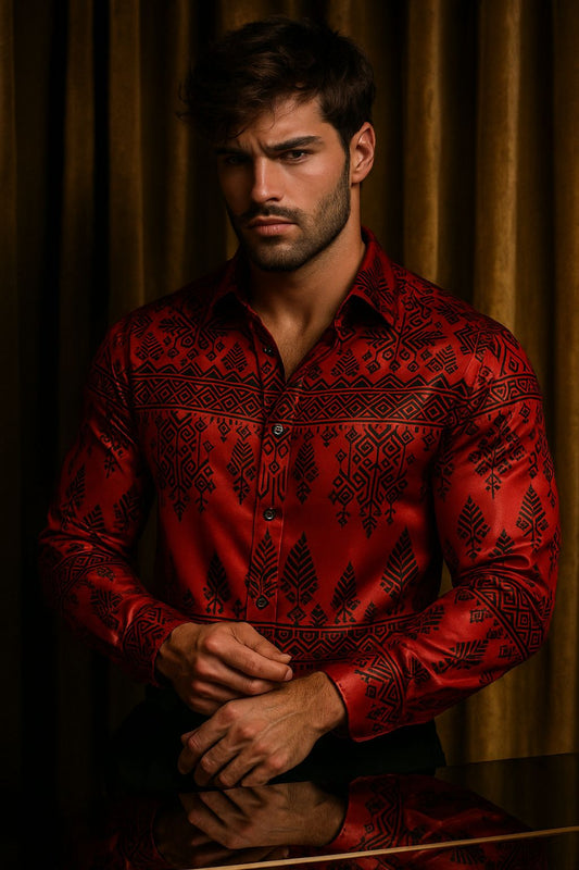Bold Red Tribal Print Men’s Shirt – Premium Cotton, Sunset-Inspired Style