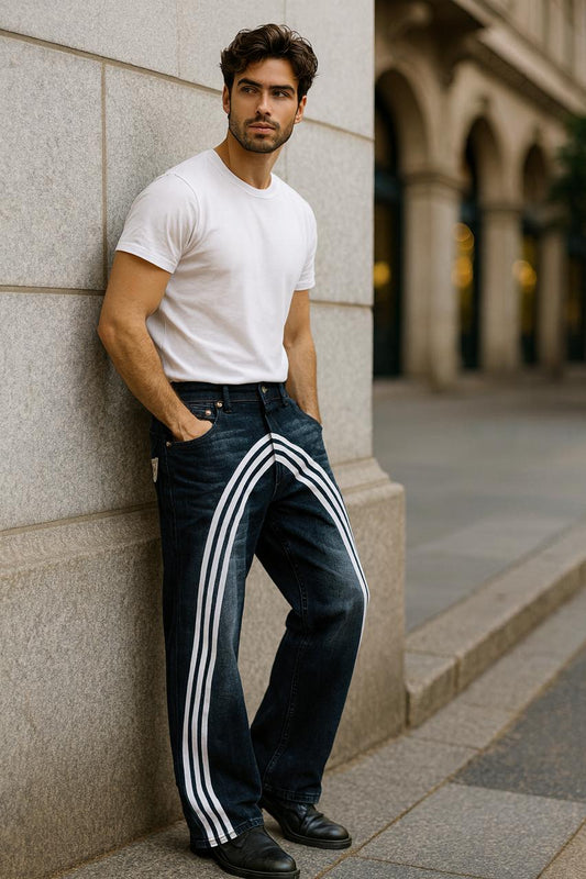 Dark Wash Wide-Leg Streetwear Jeans with Bold White Arc Stripes – Premium Urban Denim