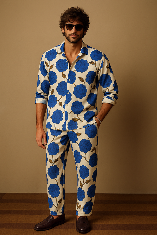 Blue & White Floral Co-ord Set for Men – Baggy Fit | 4-Way Lycra | Drop Shoulder Full Sleeve Shirt & Pants