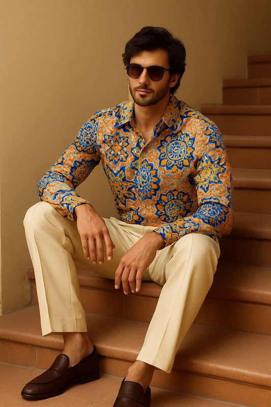 Blue and Beige Moda Full Sleeve Regular Fit Printed Shirt | For Men