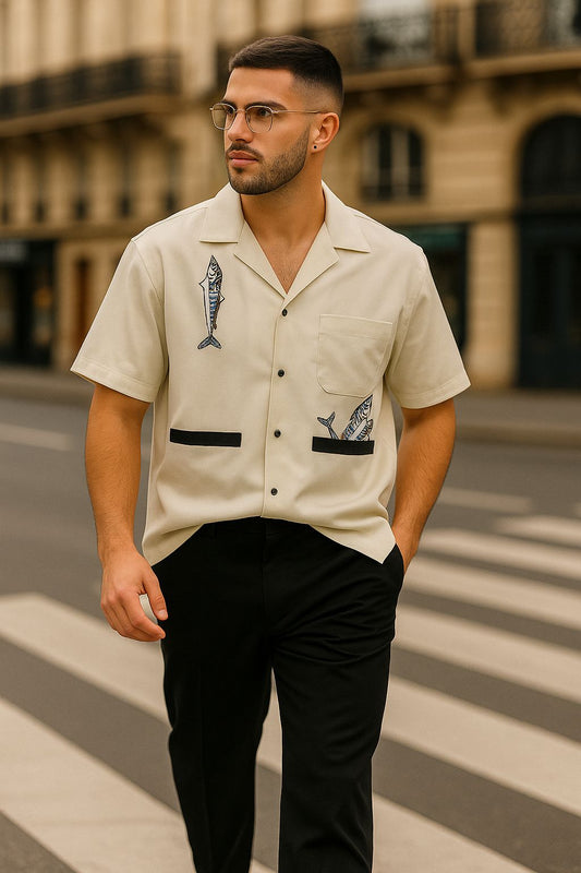 Premium Grey Satin Lycra Shirt for Men – Fish Printed | Luxury Soft Touch, Stylish Summer Half Sleeve Shirt