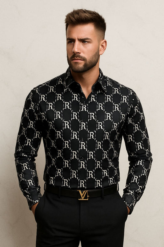 Luxury Black Designer Monogram Shirt for Men – Satin Finish | Party & Evening Wear