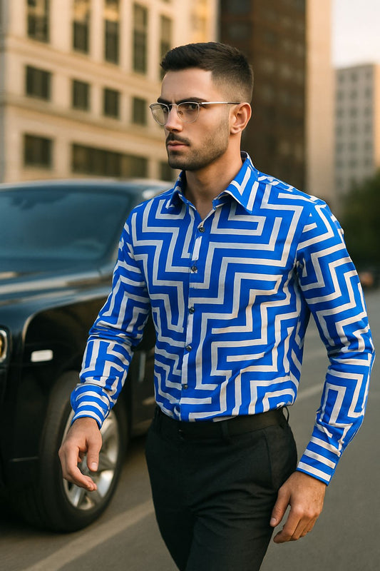 Men’s Bold Blue Geometric Print Shirt | Luxury Party & Statement Wear