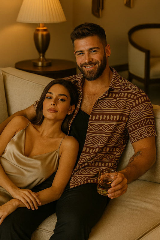 Men’s Brown Tribal Print Casual Shirt | Half Sleeve | Vacation & Summer Wear