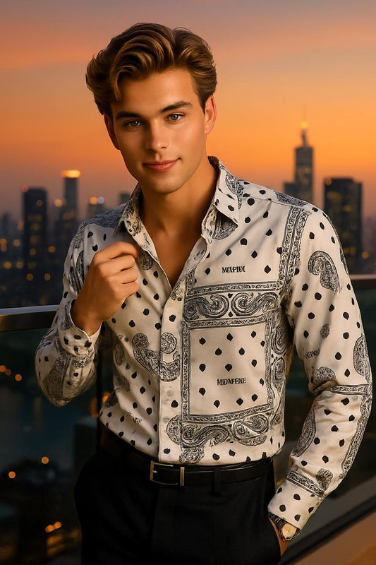 White & Black Paisley Print Slim Fit Shirt for Men | Luxury Party Wear