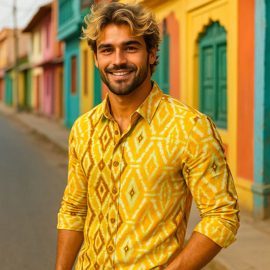Yellow Ikat Print Slim Fit Shirt for Men | Vibrant Casual & Festive Wear