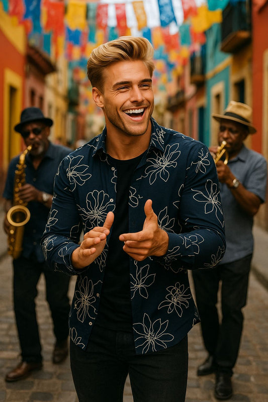 Black Floral Outline Print Slim Fit Shirt for Men | Modern Party & Casual Wear