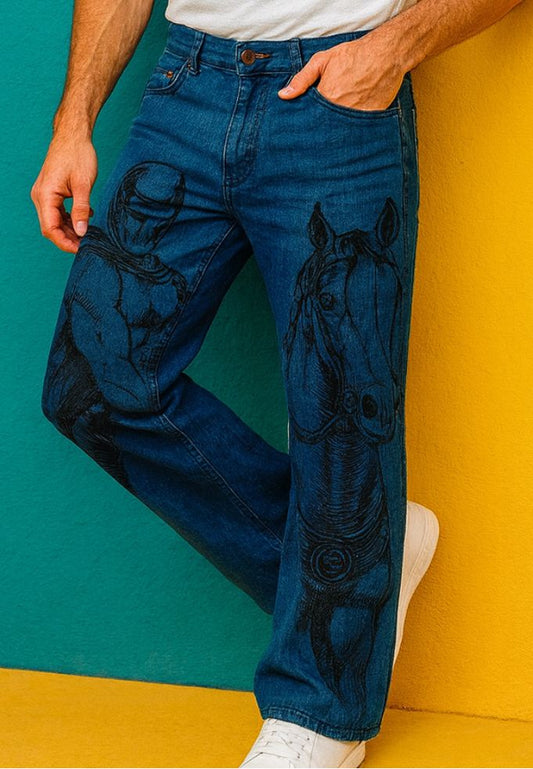 Dark Wash Flared Jeans for Men – Hand Printed Denim with Knight & Horse Artwork | Designer Streetwear