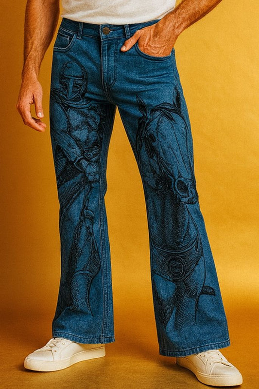 Blue Flared Jeans for Men – Hand Printed Denim with Knight & Horse Artwork | Designer Streetwear