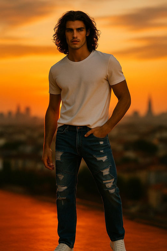 Dark Blue Distressed Jeans for Men – Slim Fit Ripped Denim | Stylish Night Out Streetwear