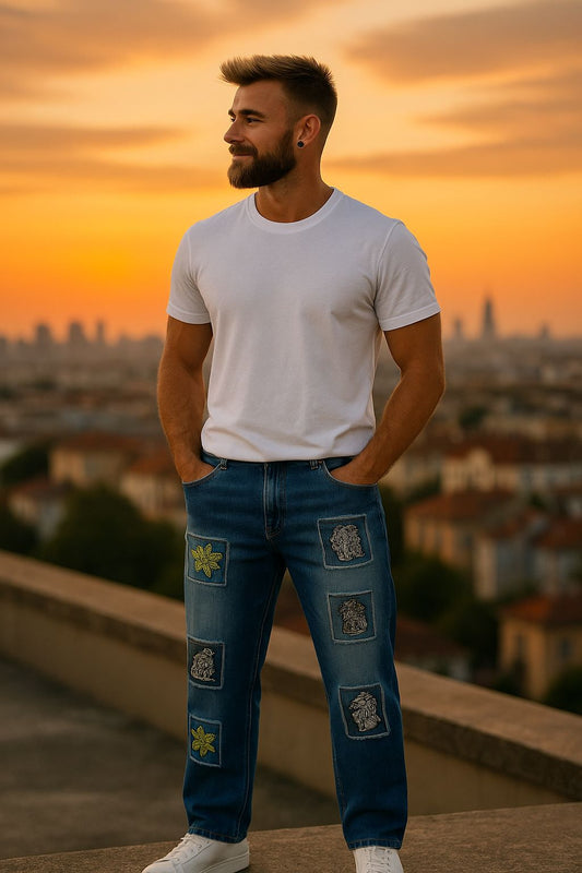 Light Blue Patchwork Jeans for Men – Relaxed Fit Denim with Multi-Graphic Printed Panels | Designer Streetwear