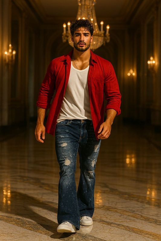 Dark Blue Flared Jeans for Men – Distressed Ripped Denim with Washed Effect | Retro Streetwear