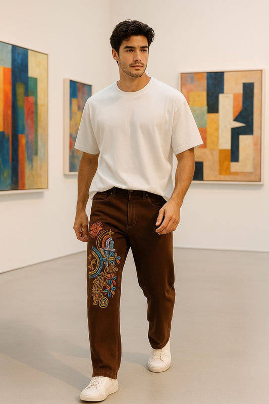 Brown Embroidered Jeans for Men – Straight Fit Denim with Multicolor Floral & Artistic Detailing | Designer Streetwear