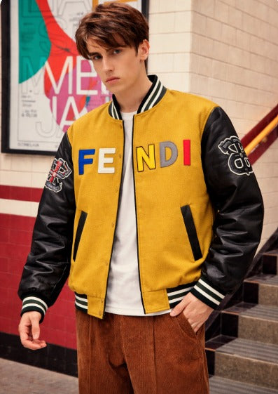 Men’s Mustard Yellow Varsity Bomber Jacket with Contrast Leather Sleeves | Premium Streetwear Winter Jacket