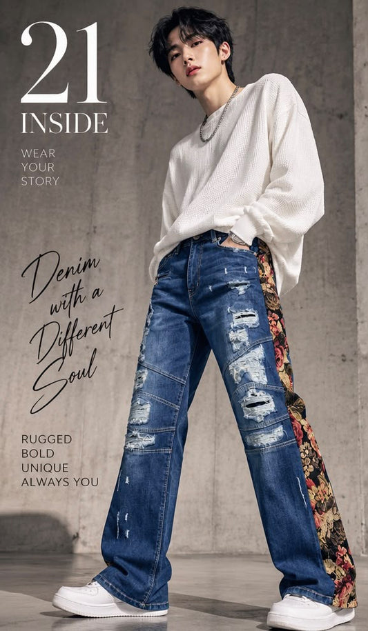 Men’s Grey Baggy Jeans | Purple Panel Distressed Wide Leg Denim