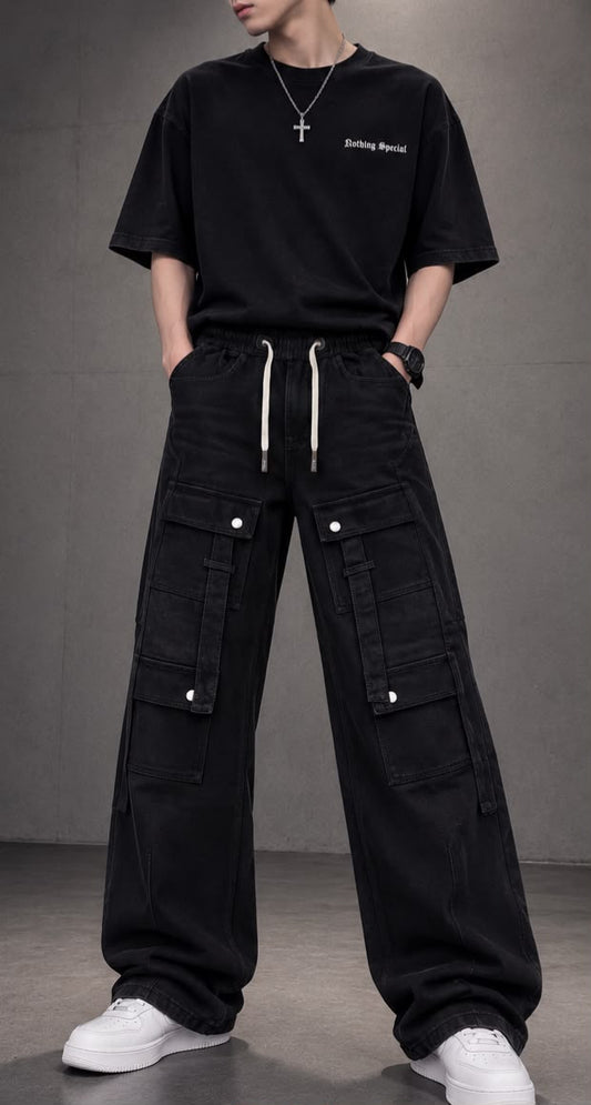 Men’s Grey Baggy Cargo Jeans | Wide Leg Multi Pocket Denim