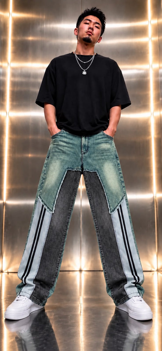 Men’s Baggy Jeans | Washed Panelled Wide Leg Denim