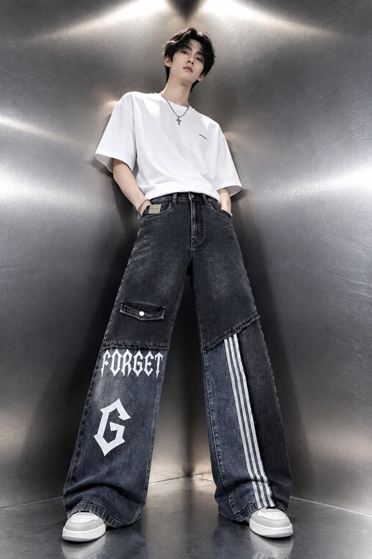 Men’s Black Washed Baggy Jeans | Graphic Print Wide Leg Denim