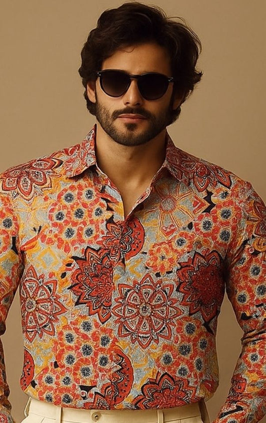 Beige Moda Full Sleeve Regular Fit Printed Shirt | For Men