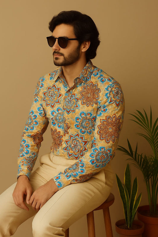 Beige Moda Full Sleeve Regular Fit Printed Shirt | For Men