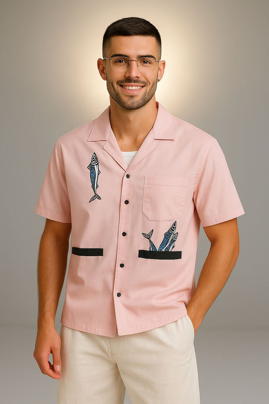 Premium Beige Satin Lycra Shirt for Men – Fish Printed | Luxury Soft Touch, Stylish Summer Half Sleeve Shirt